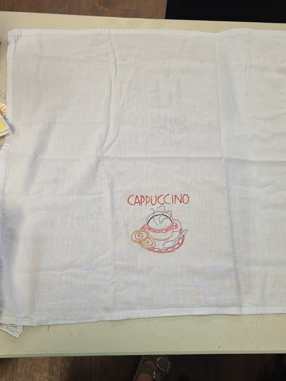 Embroidered Cappuccino Tea Towel - White with Red Accent